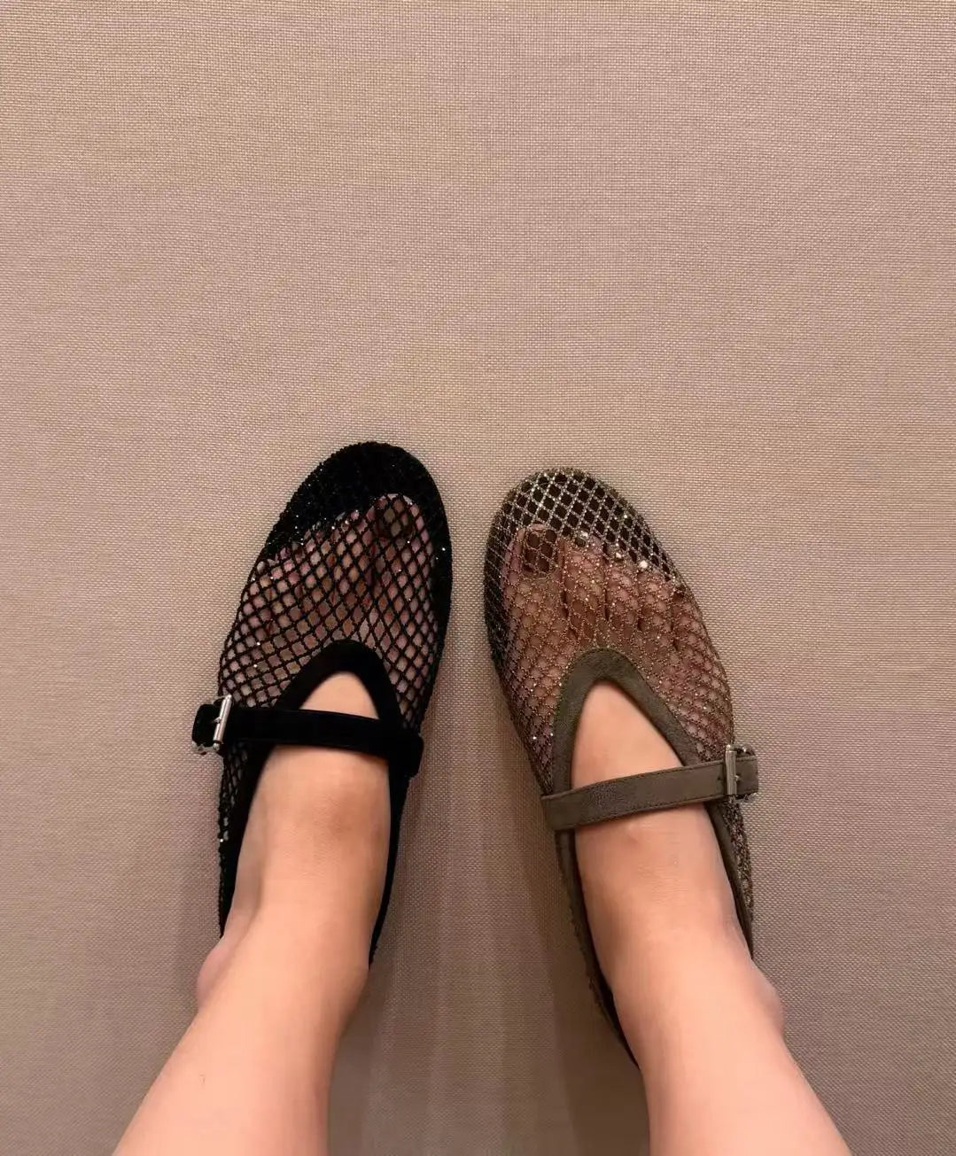 OLANE Mary Jane Rhinestone Mesh Ballet Flats Grey35Women's Shoes