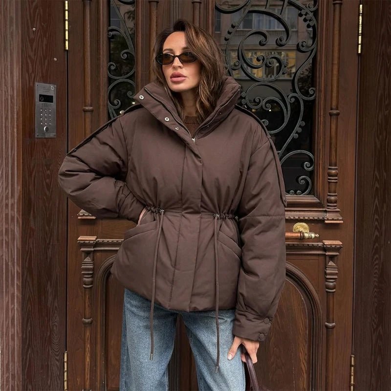 OLANE Oversized Drawstring Waist Puffer Jacket BrownSWomen's Coats & Jackets