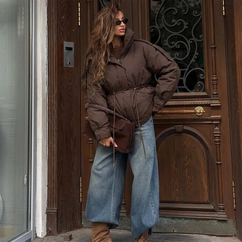 OLANE Oversized Drawstring Waist Puffer Jacket BrownSWomen's Coats & Jackets