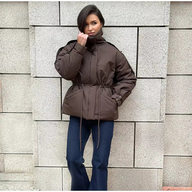 OLANE Oversized Drawstring Waist Puffer Jacket Olive GreenLWomen's Coats & Jackets