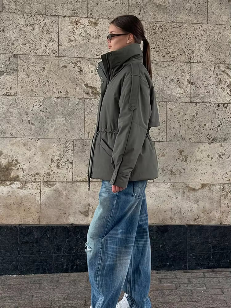 OLANE Oversized Drawstring Waist Puffer Jacket Olive GreenMWomen's Coats & Jackets