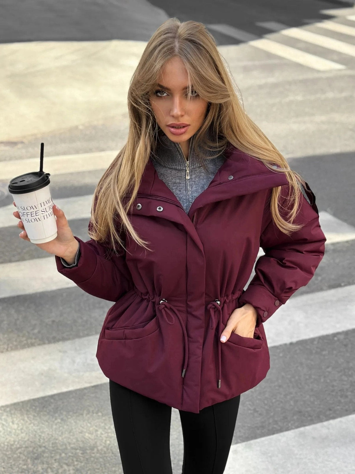 OLANE Oversized Drawstring Waist Puffer Jacket Olive GreenMWomen's Coats & Jackets