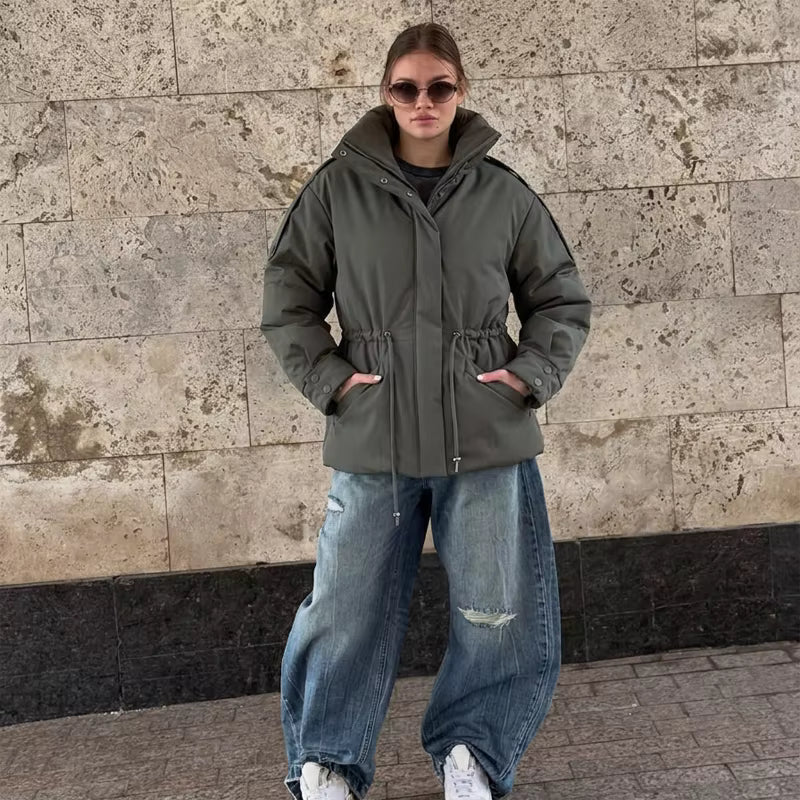 OLANE Oversized Drawstring Waist Puffer Jacket Olive GreenSWomen's Coats & Jackets