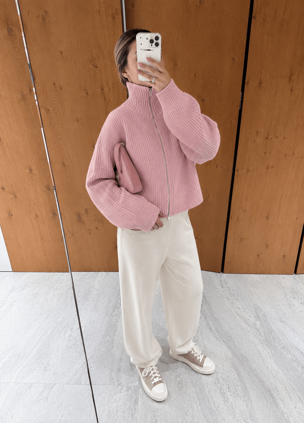 OLANE Oversized Ribbed Zip-Up Sweater PinkMCardigan
