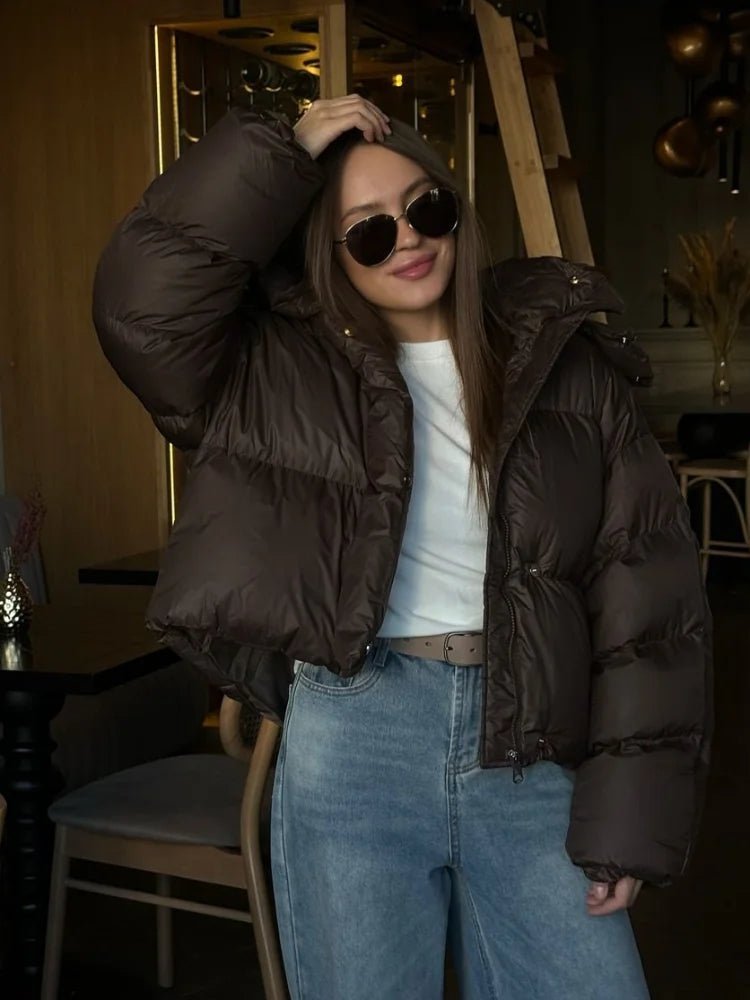OLANE Oversized Short Hooded Puffer Jacket BrownLWomen's Coats & Jackets