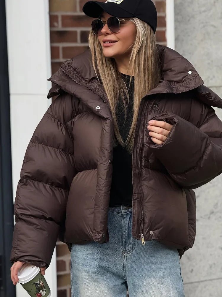 OLANE Oversized Short Hooded Puffer Jacket BrownMWomen's Coats & Jackets