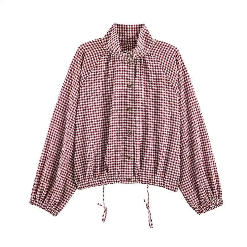 OLANE Plaid Drawstring High Neck Jacket RedXSJacket
