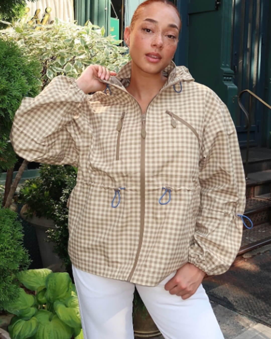 OLANE Plaid Drawstring Hooded Trench Jacket KhakiXSWomen's Coats & Jackets