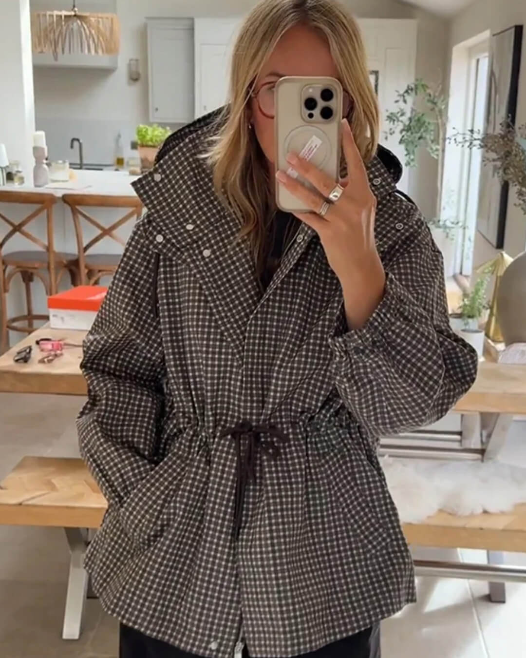 OLANE Plaid Hooded Windbreaker Jacket MWomen's Coats & Jackets