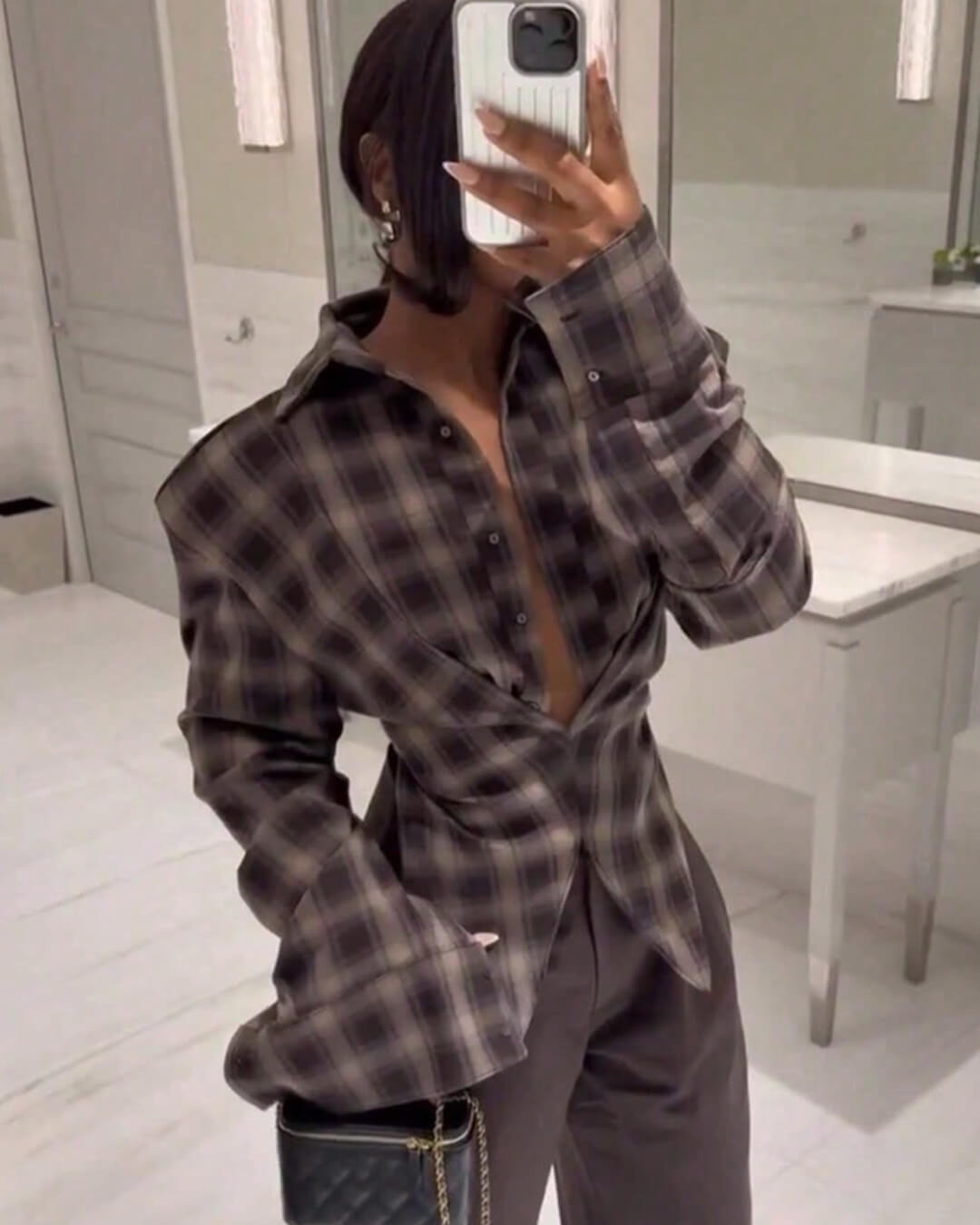 OLANE Plaid Long Sleeve Cinched-Waist Polo MWomen’s Tops