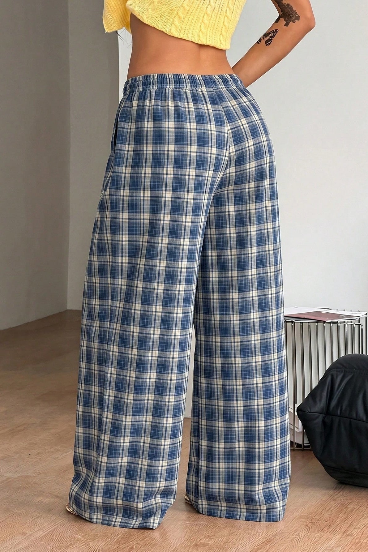 OLANE Plaid Wide Leg Drawstring Pants BlueSWomen's Bottoms