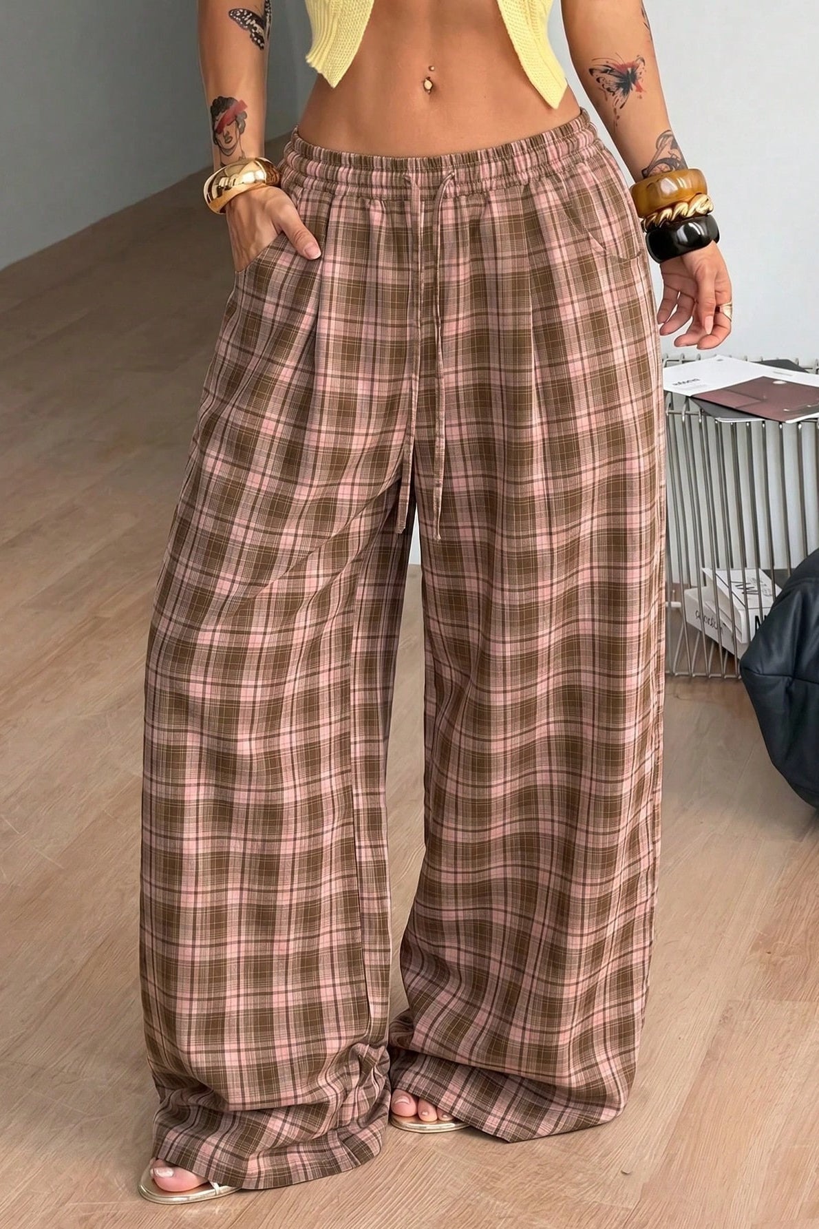 OLANE Plaid Wide Leg Drawstring Pants BrownMWomen's Bottoms
