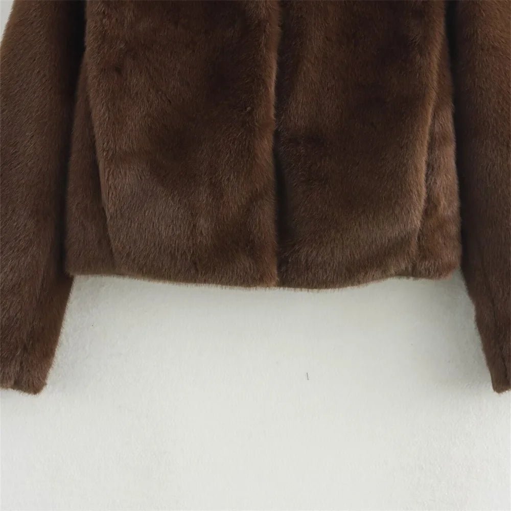 OLANE Plush Turn-Down Collar Faux Fur Jacket BrownLWomen's Coats & Jackets