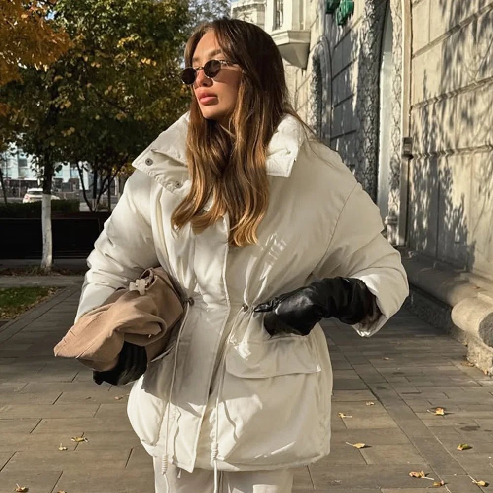 OLANE Quilted Stand Collar Padded Puffer Coat BeigeLWomen's Coats & Jackets