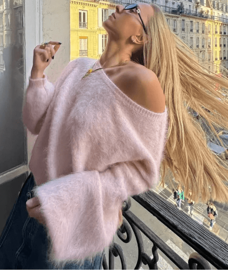 OLANE Relaxed Fit Off-Shoulder Mohair Sweater PinkSWomen's Sweaters & Cardigans