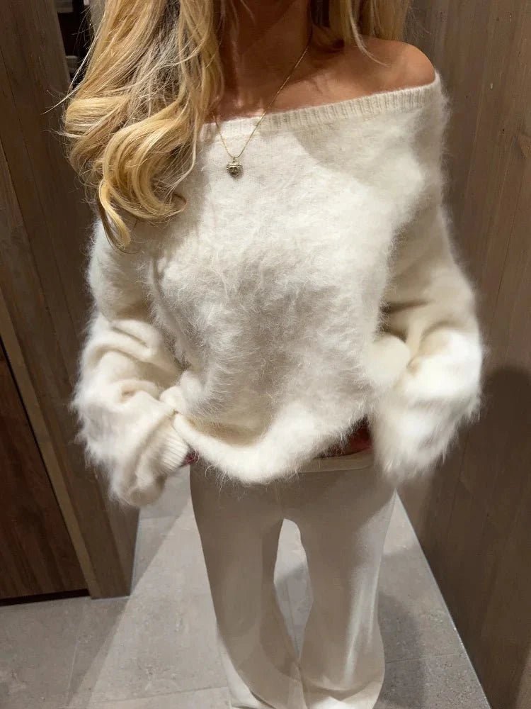 OLANE Relaxed Fit Off-Shoulder Mohair Sweater WhiteSWomen's Sweaters & Cardigans