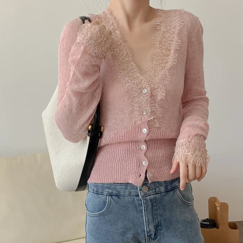 OLANE Romantic Buttoned V-Neck Lace Trim Cardigan BlackCardigan
