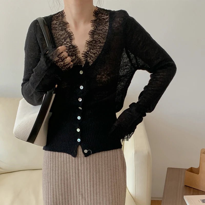 OLANE Romantic Buttoned V-Neck Lace Trim Cardigan BlackCardigan