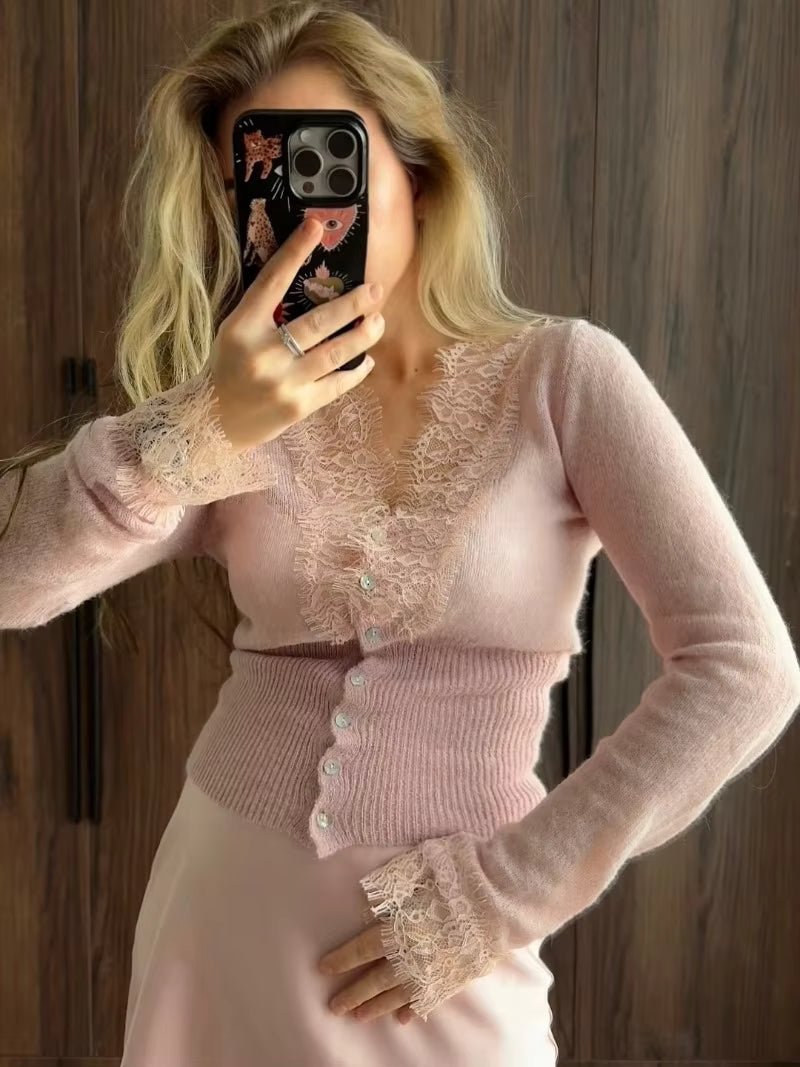 OLANE Romantic Buttoned V-Neck Lace Trim Cardigan LavenderCardigan