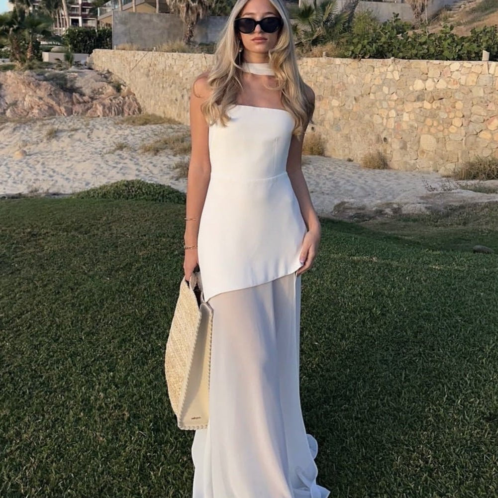 OLANE Sheer Asymmetric Strapless Maxi Dress WhiteSWomen's Dresses