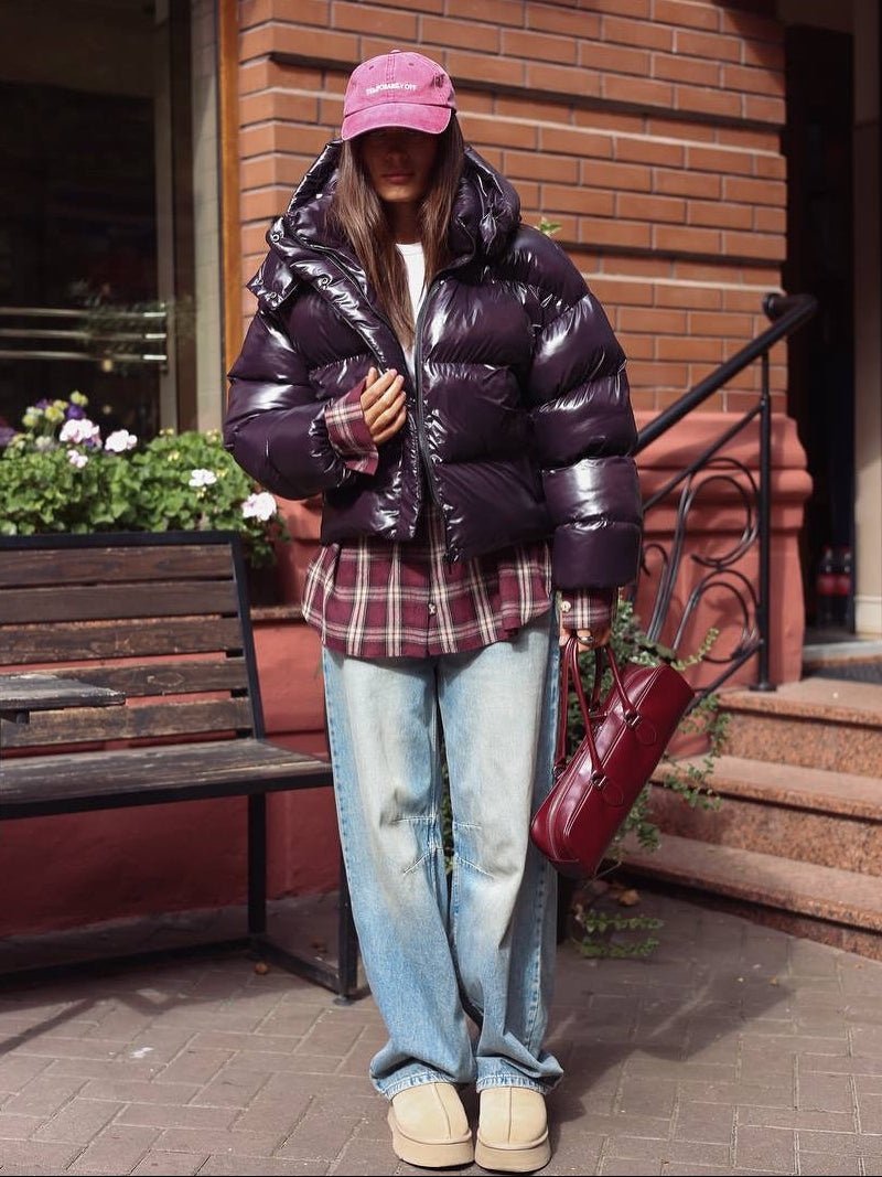 OLANE Short Glossy Hooded Puffer Jacket PurpleMWomen's Coats & Jackets
