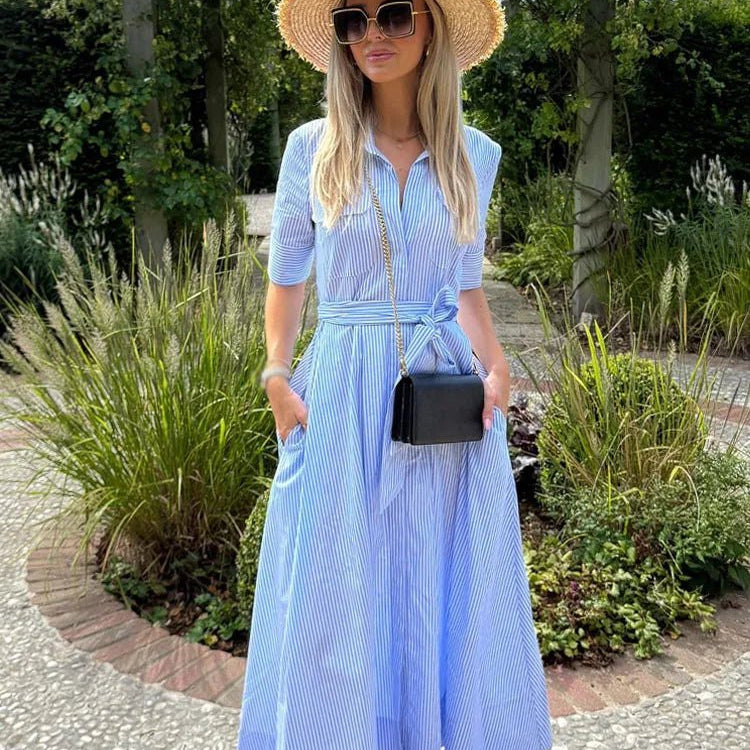 OLANE Single-Breasted Bow Tie-Waist Shirt Dress Blue StripesXSWomen's Dresses