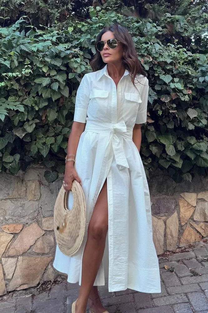 OLANE Single-Breasted Bow Tie-Waist Shirt Dress WhiteXSWomen's Dresses
