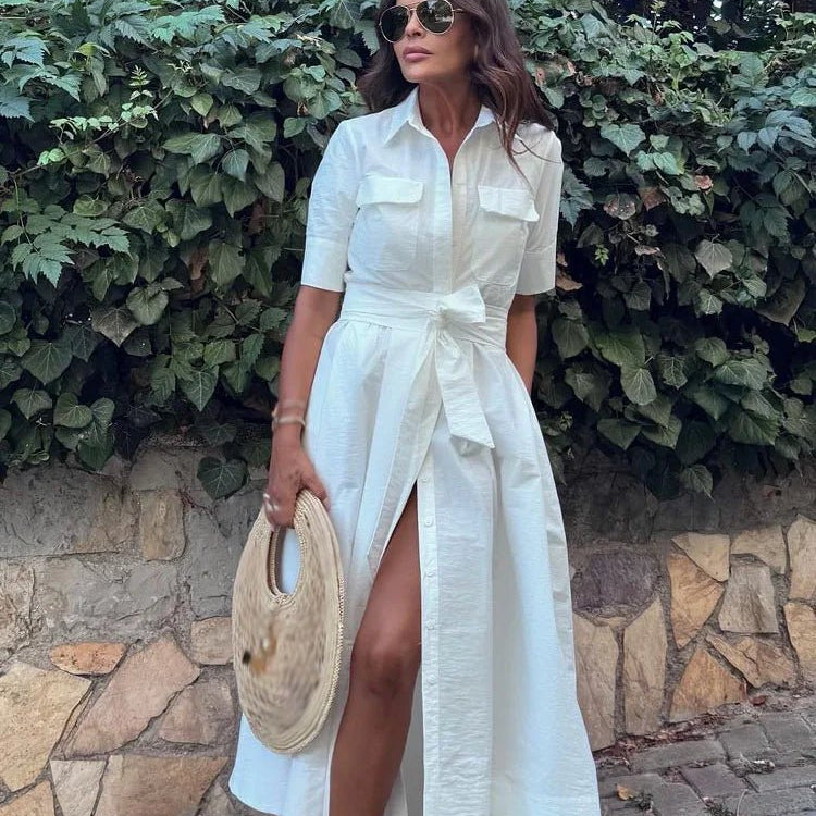 OLANE Single-Breasted Bow Tie-Waist Shirt Dress WhiteXSWomen's Dresses