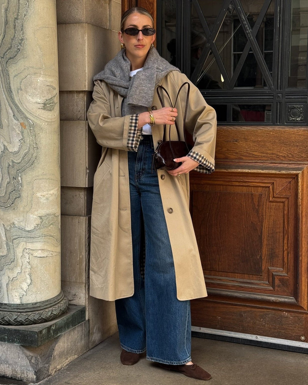 OLANE Single Breasted Check-Accent Trench Coat BeigeLWomen's Coats & Jackets