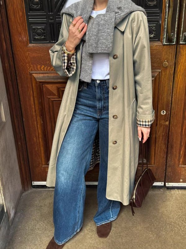 OLANE Single Breasted Check-Accent Trench Coat Sage GreenLWomen's Coats & Jackets