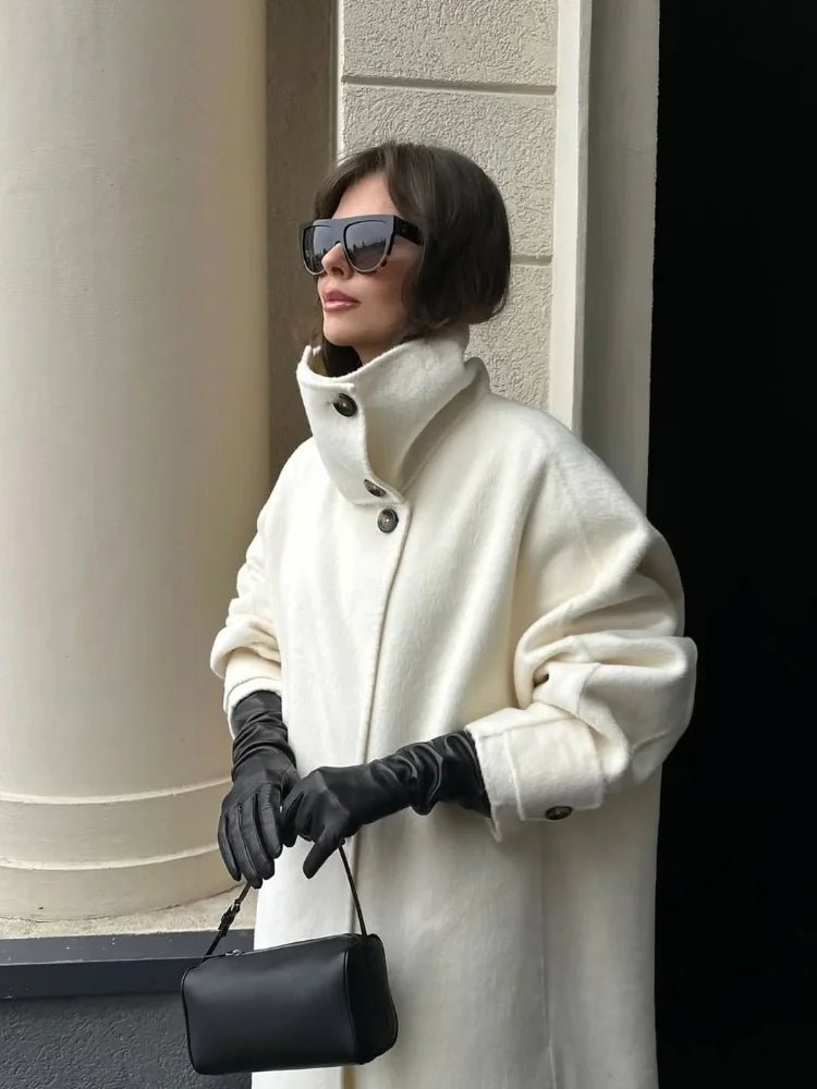 OLANE Single Breasted Stand Collar Long Coat IvoryLWomen's Coats & Jackets