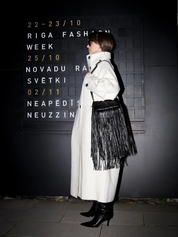 OLANE Single Breasted Stand Collar Long Coat IvoryMWomen's Coats & Jackets