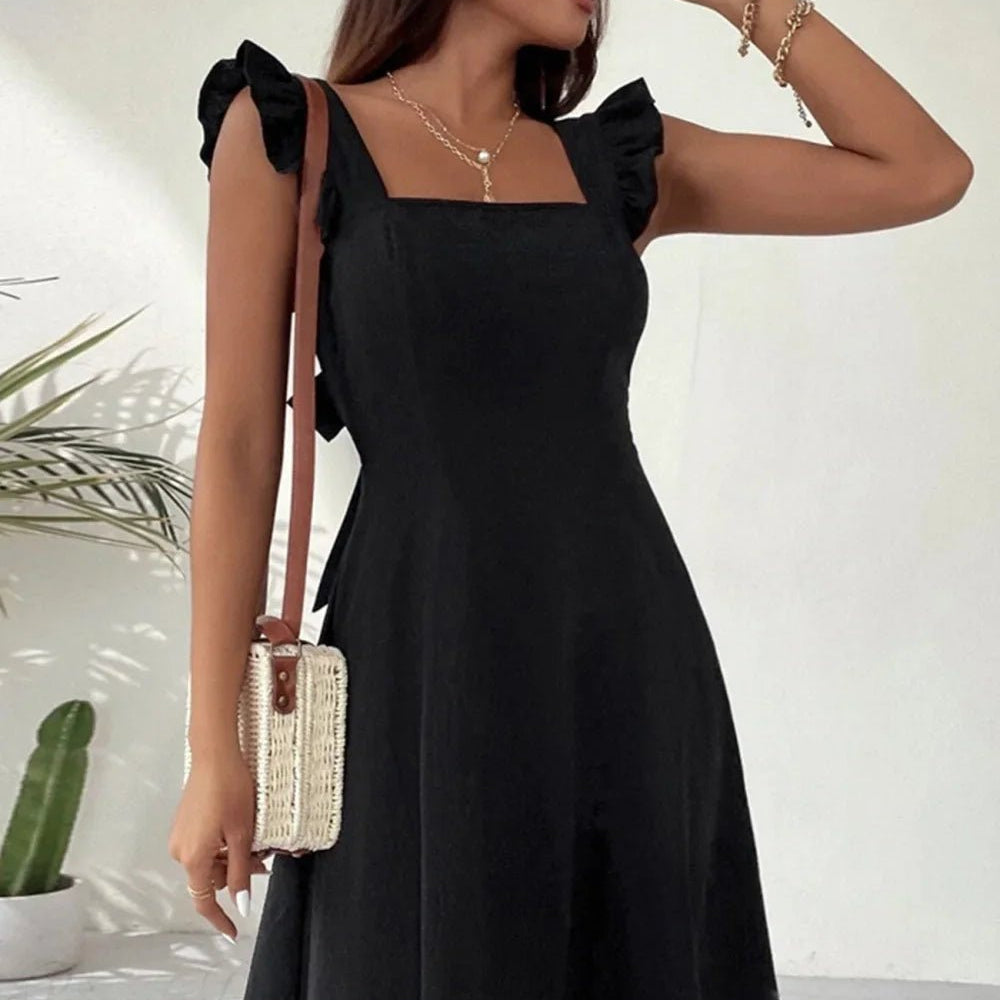 OLANE Sleeveless Ruffle Tie-back Mini Dress BlackXSWomen’s Dresses