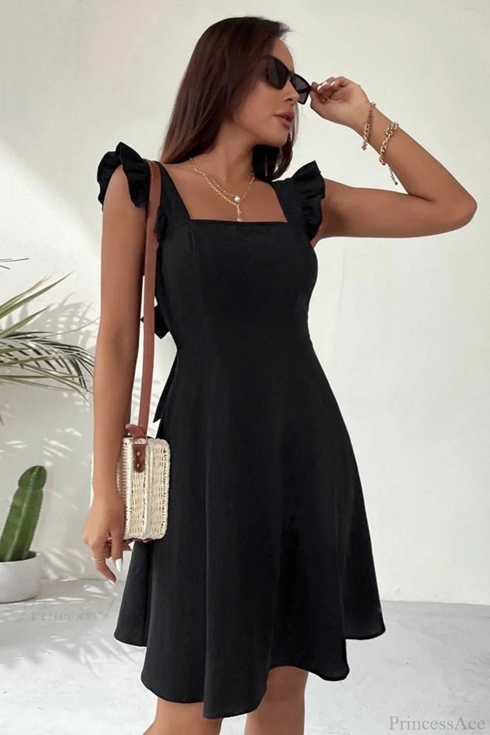 OLANE Sleeveless Ruffle Tie-back Mini Dress BlackXSWomen’s Dresses