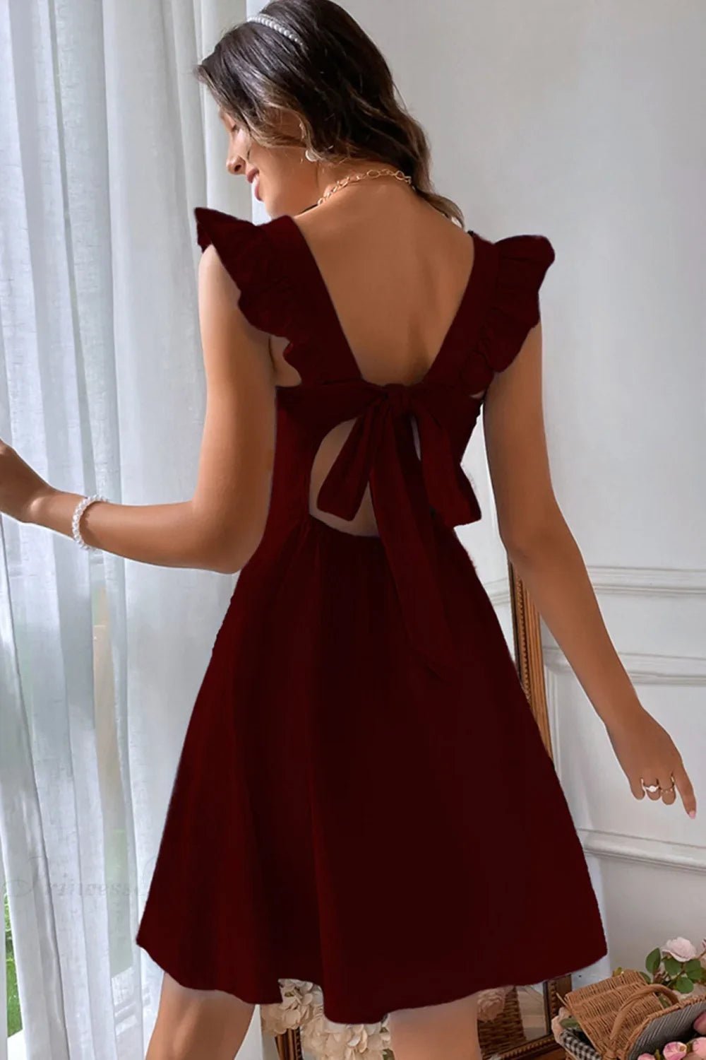 OLANE Sleeveless Ruffle Tie-back Mini Dress BurgundySWomen’s Dresses