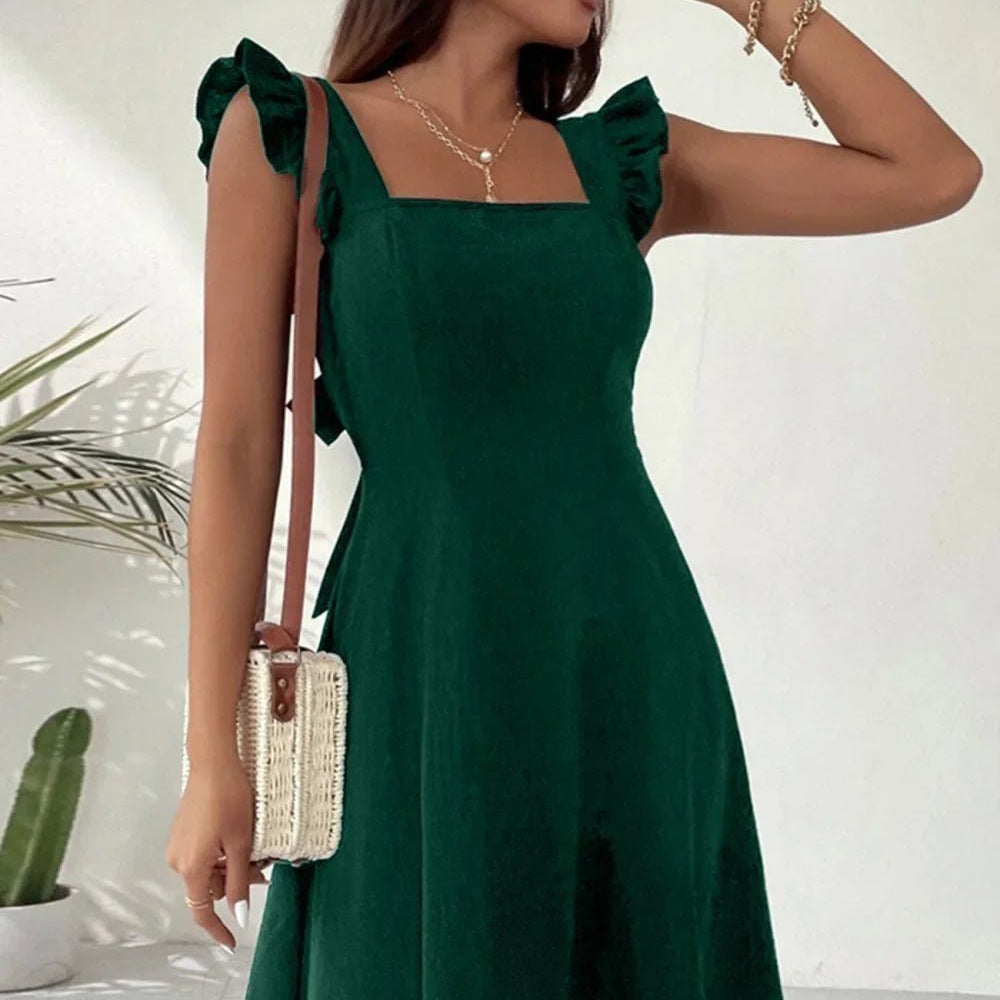 OLANE Sleeveless Ruffle Tie-back Mini Dress Dark GreenXSWomen’s Dresses