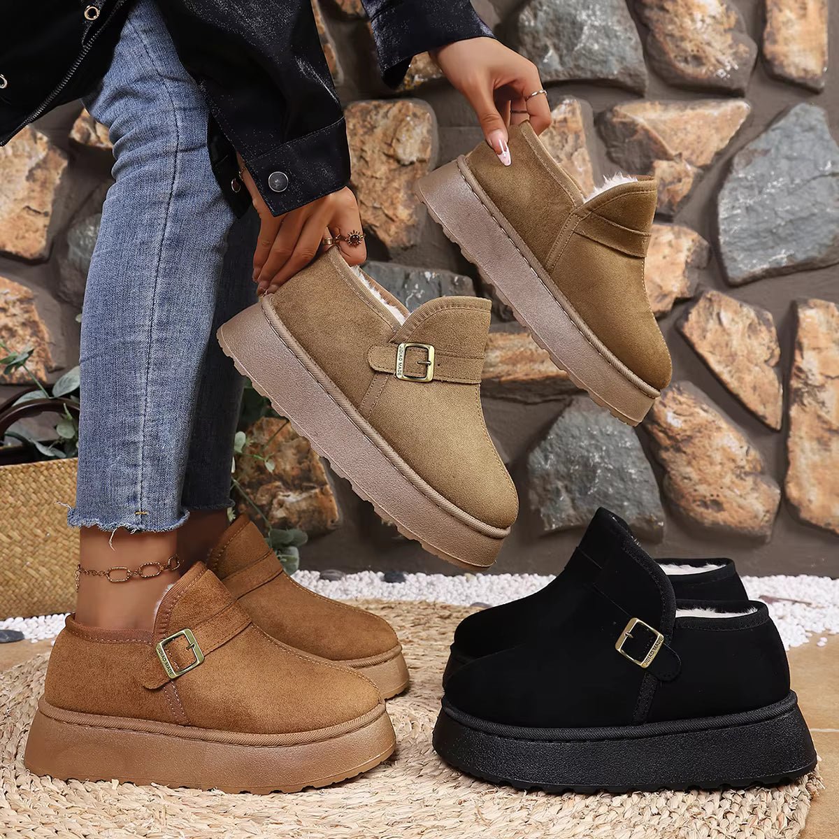 OLANE Slip-On Suede Platform Ankle Booties Camel42Boots