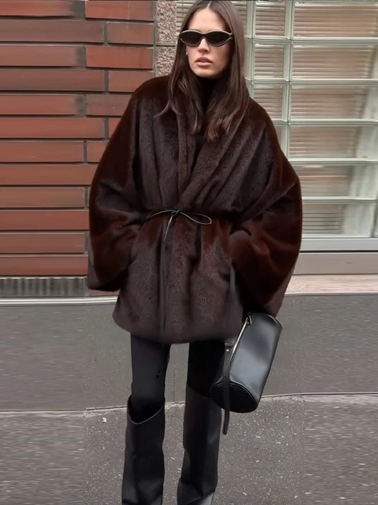 OLANE Soft Faux Fur Belted Short Jacket BrownSJacket