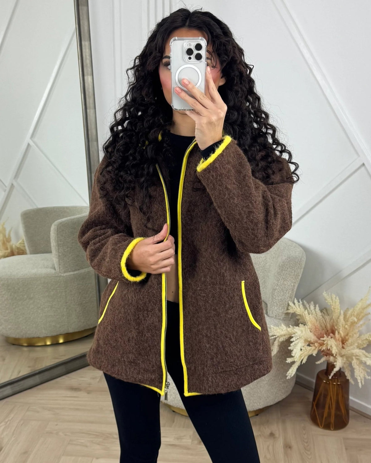 OLANE Stand Collar Contrast Knit Pilot Jacket BlackMJacket