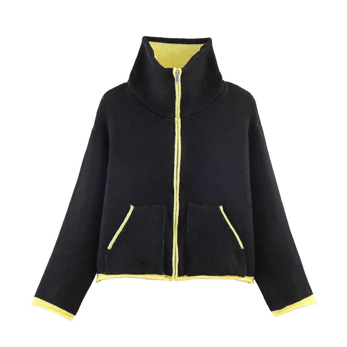 OLANE Stand Collar Contrast Knit Pilot Jacket BlackMJacket