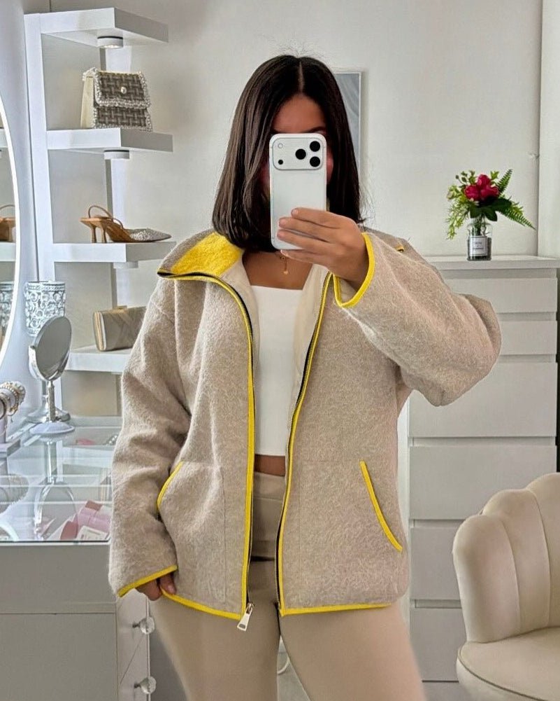 OLANE Stand Collar Contrast Knit Pilot Jacket GreyMJacket