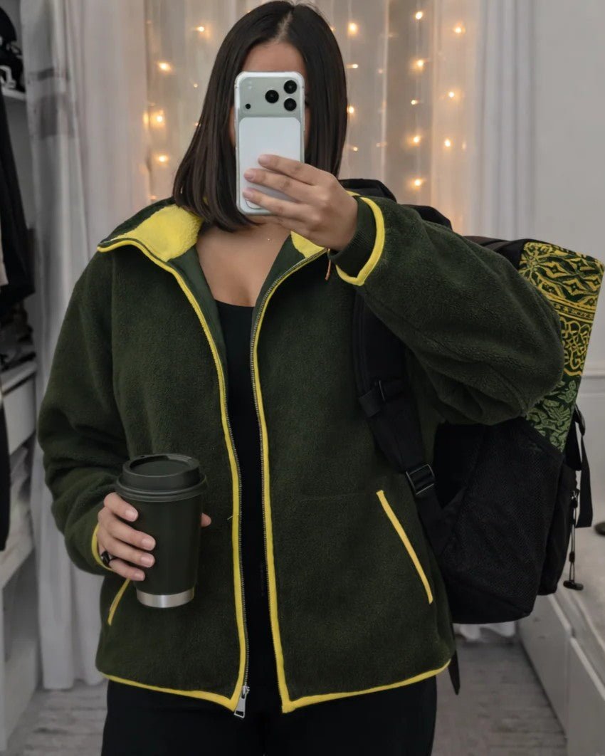 OLANE Stand Collar Contrast Knit Pilot Jacket OliveSJacket