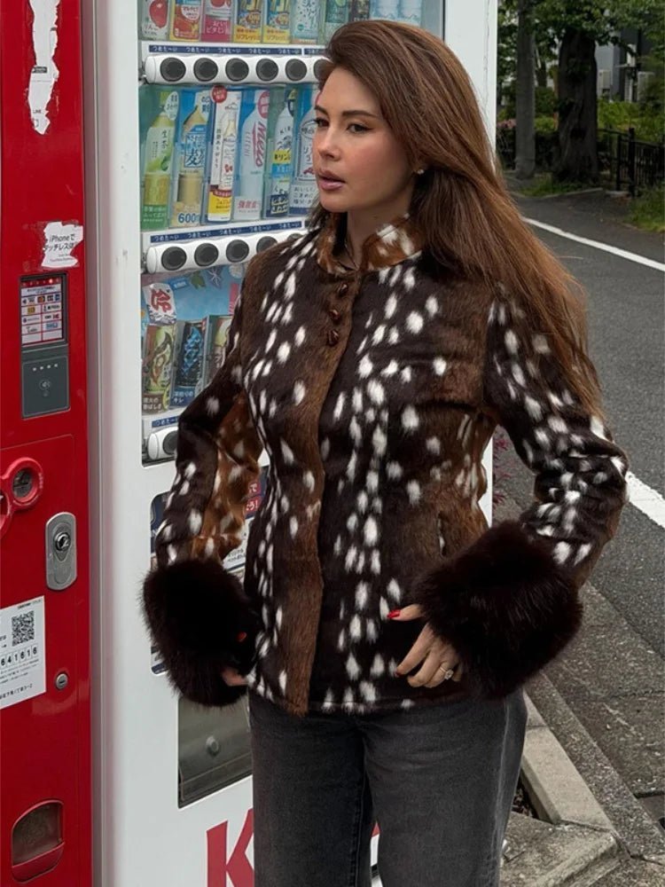 OLANE Stand Collar Faux Fur Bambi Jacket MWomen's Coats & Jackets