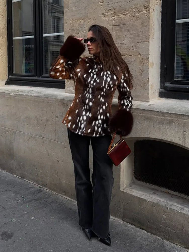 OLANE Stand Collar Faux Fur Bambi Jacket MWomen's Coats & Jackets