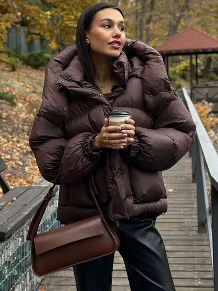 OLANE Stand Collar Hooded Puffer Jacket Dark BrownLWomen's Coats & Jackets