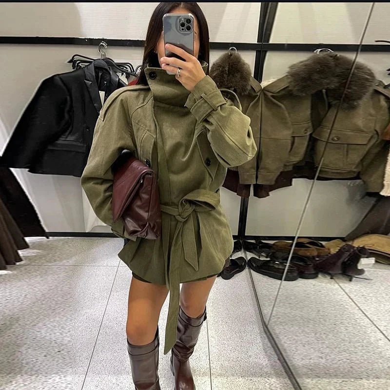 OLANE Stand Up Collar Belted Trench Coat Women's Coats & Jackets