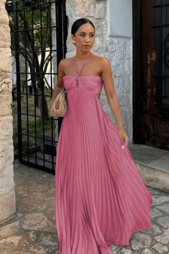 OLANE Strappy Halter Pleated Maxi Dress PinkXSWomen's Dresses