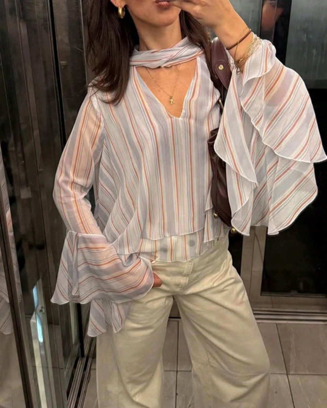 OLANE Stripe Ruffle Tie-Neck Blouse Light BlueMWomen’s Tops