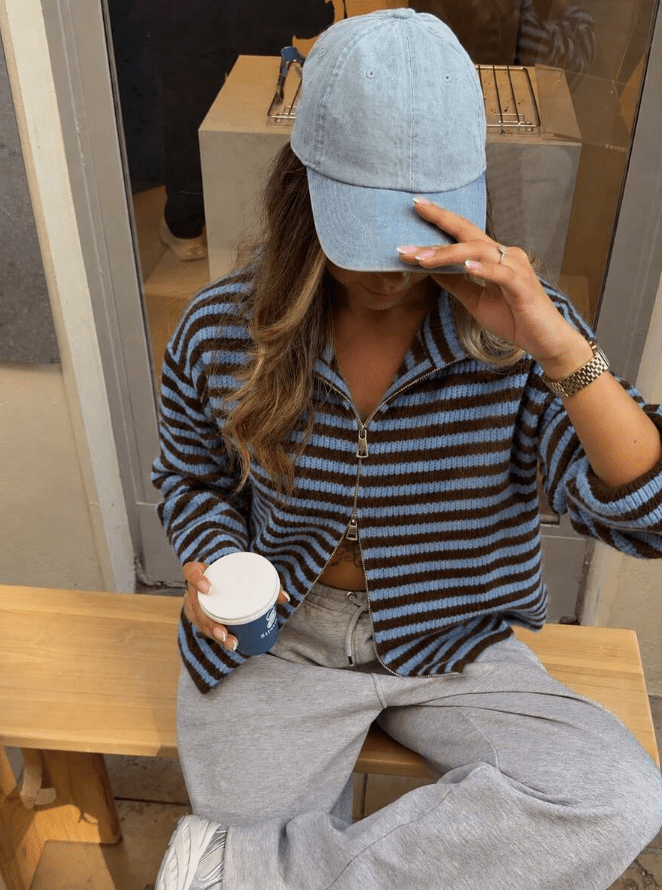 OLANE Striped High Neck Zip-Up Cardigan Blue StripesLCardigan