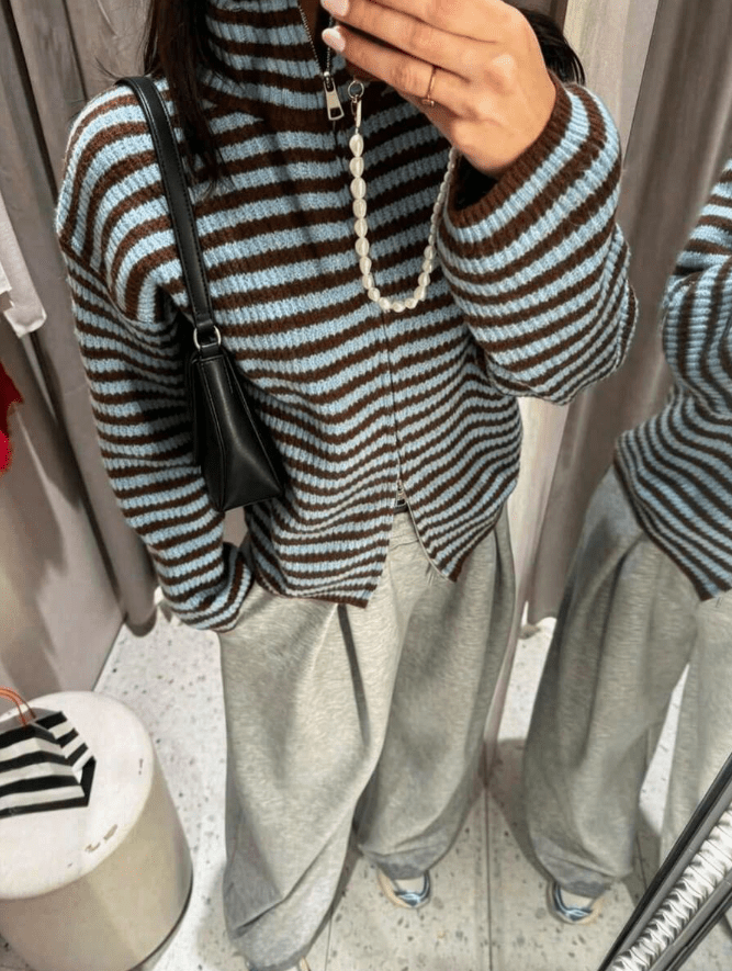 OLANE Striped High Neck Zip-Up Cardigan Blue StripesMCardigan